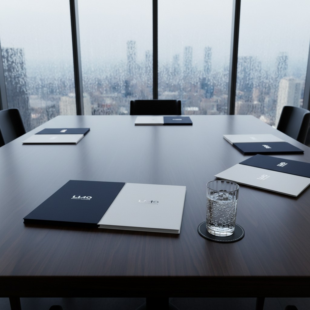 A long table in an office conference room with books spread out atop it, overlooking a cityscape through large windows.