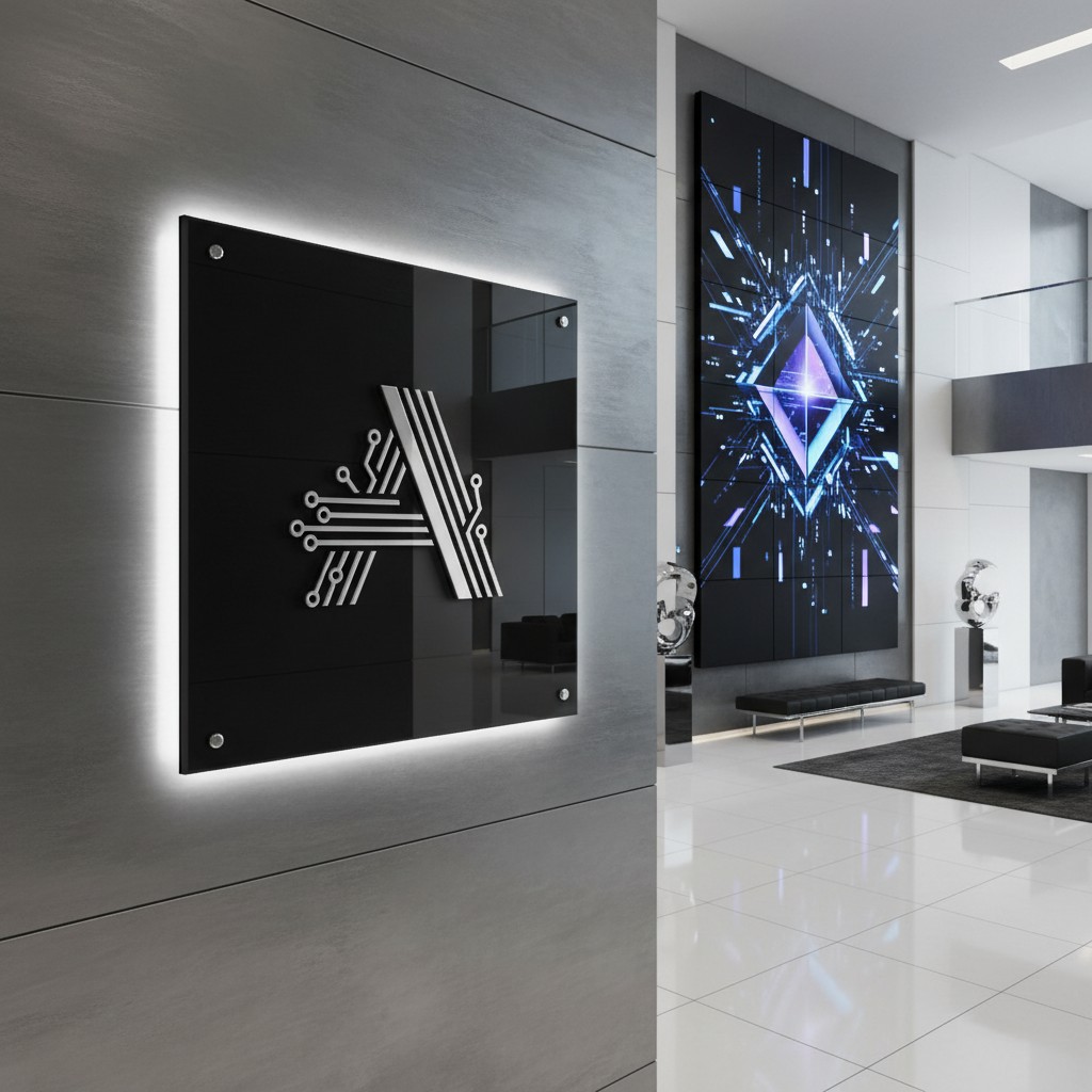 A futuristic-style room with white and gray tile walls and floors, featuring a large, abstract art piece on the left wall ...