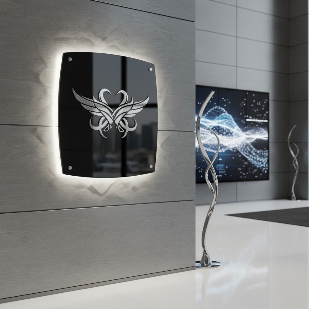 The wall is adorned with a black plaque featuring an angel symbol and a light shining on it.